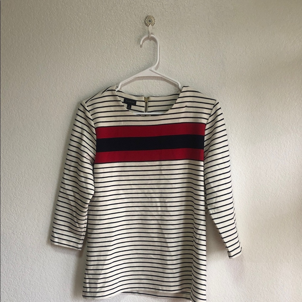 Talbots Womens Striped Ottoman Knit Top Navy Ivory Red Back Zip Medium PH2807